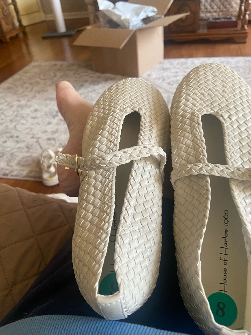 House of Harlow 1960 Woven Ivory/Tan Braided Strap Flats